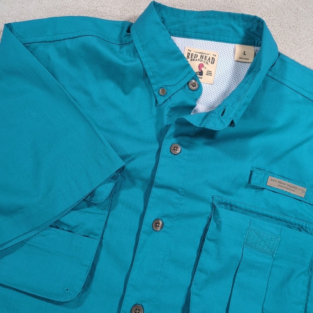 Red Head Fishing Shirt Mens Large Short Sleeve Vented Blue Tackle Pockets Stain